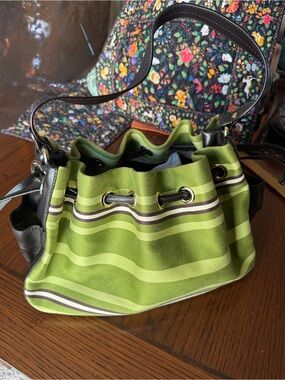 KATE SPADE Anne Bucket Shoulder Bag Satchel Green Mullen Stripe Striped Leather